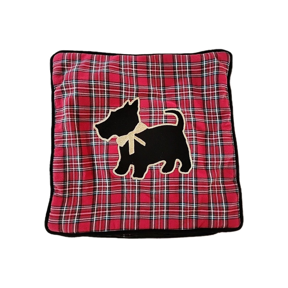 18" Red Christmas Tartan‎ Plaid Black Gold Scottie Applique Pillow Cover Talbots